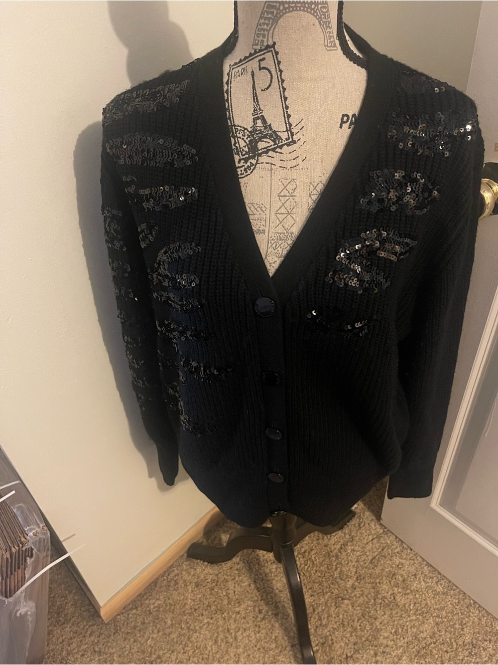 DKNY Black Sequin Embellished V-Neck Button Cardigan